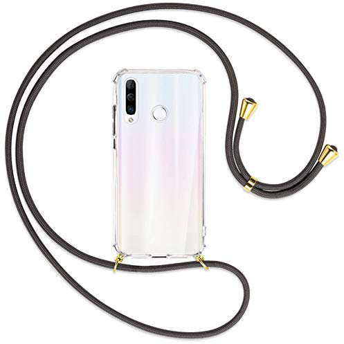 mtb more energy Handykette kompatibel mit Huawei P30 Lite, P30 Lite New Edition (6.15'') - dunkelgrau/Gold - Smartphone Hülle zum Umhängen - Anti Shock Full TPU Case