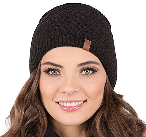 Vivisence Gorro para Mujeres De Punto Elegante para Damas con Corte Clásico Beanie Hecho De Hilo Cálido Y Suave Ideal para Los Días Fríos De Invierno, Negro,Talla Única