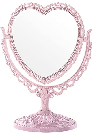 JIHUOO Heart Shaped Cosmetic Mirror - Tabletop Vanity Makeup Mirror with Swivel, Double Sided, Lightweight, Pink
