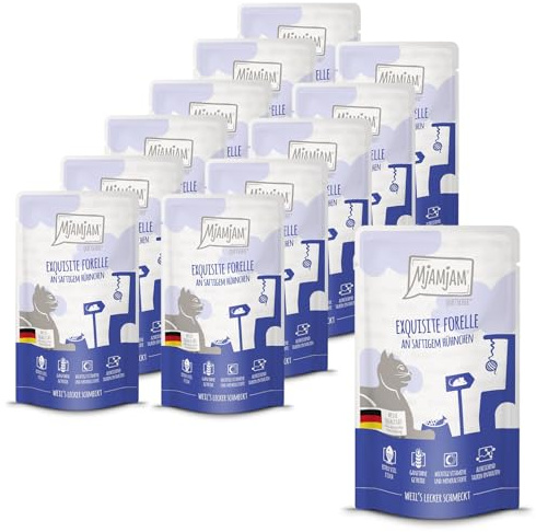 MjAMjAM - Nourriture humide premium pour chats - Quetschie - exquise truite au poulet juteux, paquet de 12 (12x125g), sans céréales