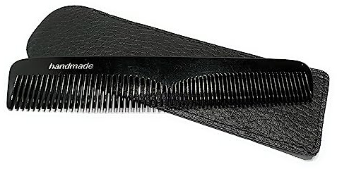 Swedish Crown Taschenkamm gesägt 12,5 cm handgemacht Schwarz Kamm mit zwei Zahnungen fein + normal mit Echt - Leder - Etui in schwarz (501 CA ET)