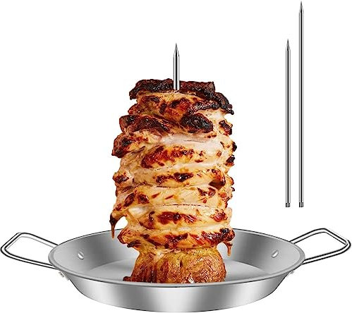 Pincho vertical de carne de acero inoxidable para barbacoa, parrilla vertical con 3 picos de repuesto, soporte vertical con asa para pollo entero, pescado, salchicha, filete