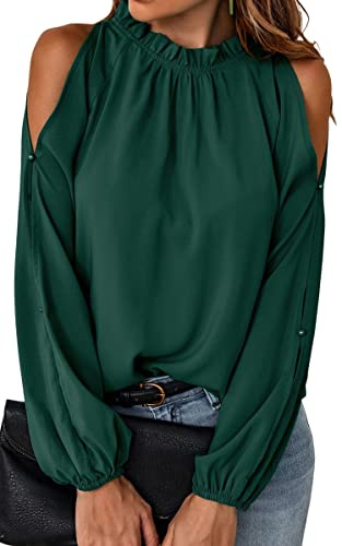 Toplop Blusa para mujer de manga larga con hombros descubiertos: Parte superior elegante y festiva, sexy, para otoño y primavera, casual, túnica, blusa carmen con volantes, cuello redondo, A-verde