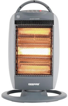 Geepas 1200W Halogen Heater | Instant Heating Energy Efficient Heater with 3 Heat Settings 400/800/1200W | Oscillation Function & Low Running Cost | 3 Bar Compact Radiator Home Office, Grey