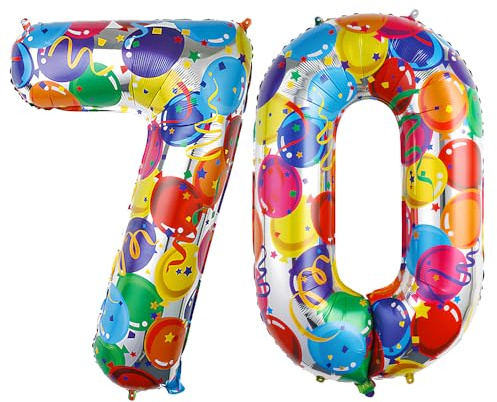 Ponmoo 40 inches Foil Balloons Numbers 70 Multicolour (101cm), Inflatable Helium or Air, Giant Balloon Number 0-9, 10-29, 30-100, Grand Balloons for Anniversary Wedding Birthday Party Decoration