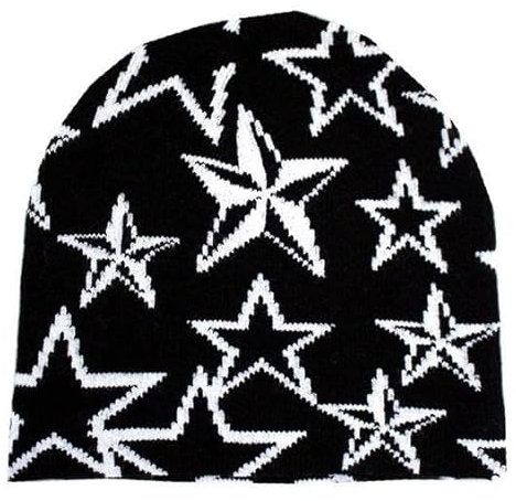 RYMAUP® Y2k Pentagramm Strickmütze für Herren und Damen, hochwertige Mütze, warme Mütze, Harajuku-Mütze,Strickmütze, im Street-Stil,weiße Sterne