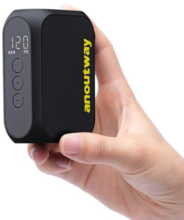 anoutway Tiny - Bomba de aire eléctrica recargable AT1 MAX, máximo 120 PSI, parada automática, compatible con válvulas Presta y Schrader, para bicicleta de carretera y montaña
