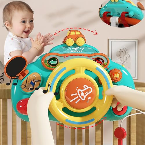SUQ Kinder Lenkrad Spielzeug, Koppelwagen, Bewegt Sich Mit Der Lenkraddrehung, Toy Steering Wheel for Car Seat with Sound and Light, Kinder Simulierter Fahrsimulator Auto Simulation Spielzeug