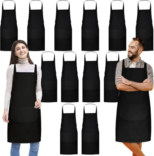 Jeffbaubl 12 Stück Verstellbare Schürze mit 2 Taschen, Unisex Köche Schürze, Verstellbarem Nackenband, Schwarze Kochschürze für Küche Kochen Backen Restaurant Café, 60x70cm (Schwarz)