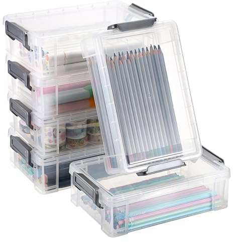 OGANAZI 6 Pack Stackable Translucent Clear Pencil Boxes Plastic Pencil Case for Pencil Pen Storage Muti-functional Pencil Storage Box Large Capacity Office Supplies Storage Box with Lids, Grey Buckles