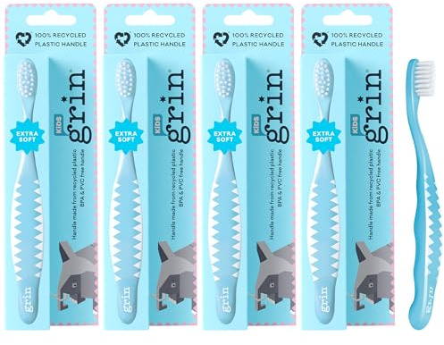 Grin Ultra Soft Kids Toothbrushes 100% Recycled, 4 Count, Blue