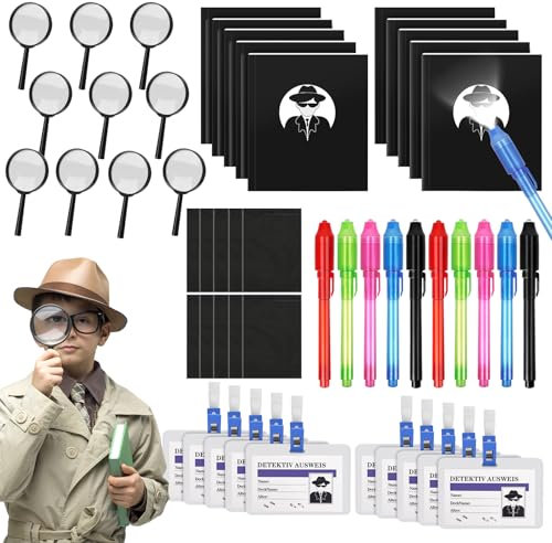 Detektiv Set Kinder, 50 Stück Detektive Spielzeug Kinder Set, UV Stift Notizbuch Lupen Spielzeug Detektivausweis Ausweise mit Clip, Mitgebsel Kindergeburtstag Gastgeschenke Detektiv Rollenspiel