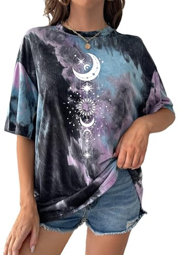 Remidoo Damen-T-Shirt, lässig, Rundhalsausschnitt, kurzärmelig, Sonne und Mond, Batikfärbung, übergroße Grafik, Krawattenfarbe Violett, X-Groß