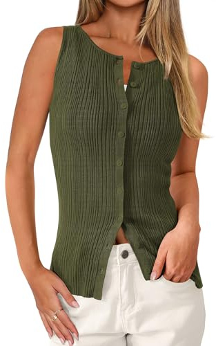 PRETTYGARDEN Ribbed Tank Tops for Women Summer 2026 Button Down Sleeveless Shirts Y2K Fashion Clothing Going Out Vest Top(Army Green,Medium)