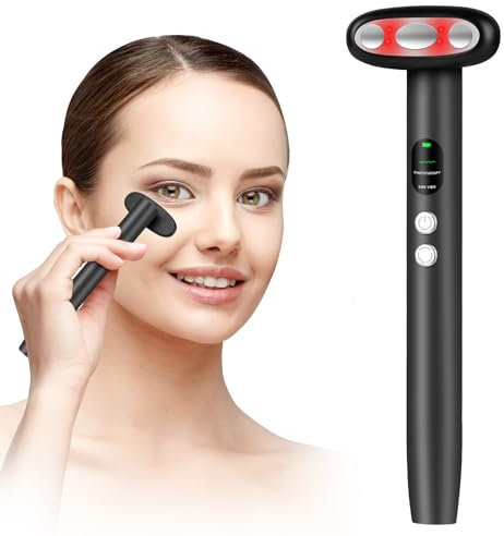 Aolso Massaggiatore Viso,Radiofrequenza Viso,Contorno Occhi Massaggiatore Antietà con Luce Rossa e Blu,Massaggiatore Elettrico per Contorno Occhi per anti-invecchiamento e Riduce le Rughe(Nero)