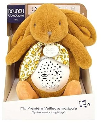 DOUDOU ET COMPAGNIE - Veilleuse Musicale Lapin ocre avec Projection d’Étoiles – Doudou Peluche avec Mélodies et Lumières Apaisantes – Compagnon Nuit Bébé – Idée Cadeau Naissance - DC4205
