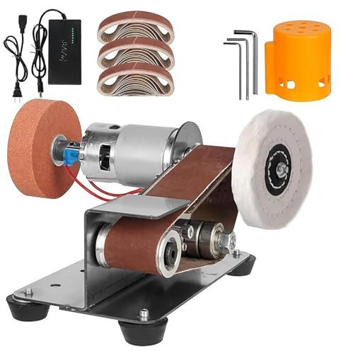 Ponceuse à Bande, Mini Ponceuse Stationnaire Électrique Multifonction à 7 Vitesses, Affûteuse et Polisseuse Inclinée à 15°, Idéale pour Bois, Métal et Affûtage de Couteaux