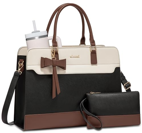 LOVEVOOK Laptop Handtasche Damen Groß Business Shopper Tasche PU Leder 2 in 1 Crossbody Tote Bag Handbag Elegant Arbeitstasche Aktentasche Lehrertasche für Büro Arbeit, Beige-negro-marrón, 15,6