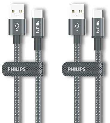 Philips DLC5030AA USB-C-kabel 2-pack 1 m, 18 W snabbladdning, PET-resistent flätad sladd, 480 Mbps dataöverföring, Typ-C-laddare för Android, CarPlay, Android Auto