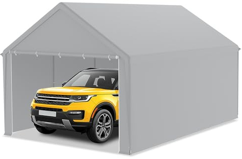 LZQ Garagenzelt 4x6 m – Carport Zeltgarage, Lagerzelt & Weidezelt mit PE Plane – Dachverstärkung, abnehmbare Seitenwände, Bodenrahmen – robuster Unterstand für Auto, SUV, LKW (Grau)