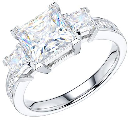 Genuine Moissanite Sterling Silver Center 1.5CT Three Stone Style All Princess Cut Side Stones Promise Engagement Ring For Women (L)