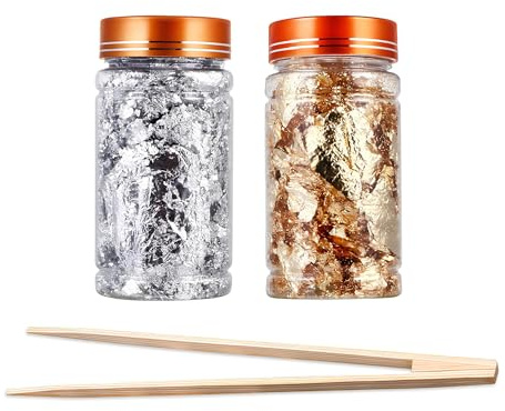 Joyzan 2 Botellas Láminas de Oro, 20g Hojas Doradas Papel Copos Oro Decoración Pasteles Lámina Imitación Foil Plata Oro Rosa Decorativo Aluminio Metálica con Pinza para Manualidades (Oro y Plata)