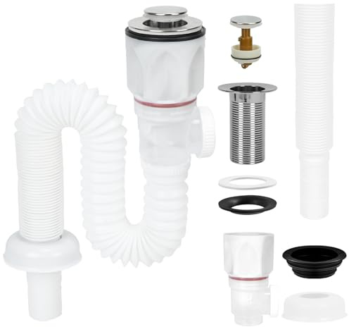 FALSKT Bonde de Lavabo Siphon Lavabo Kit Siphon Evier Cuisine Evacuation Evier avec Tuyau de Vidange Rétractable et bouchon de Vidange Escamotable Aux Odeurs et Aux Insectes Blanc