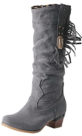 Stivaletti Western da donna Equitazione - Stivali alti da donna con tacco vintage in camoscio Stivali da cowboy con gambo ampio Scarpe da country Stivali classici da equitazione con frange, grigio