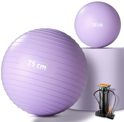 Lureon Gymnastikball 55/65/75 cm + Pilatesball 25 cm – Verdickt Yogaball, Anti-Burst & Anti-Rutsch, Pezziball für Schwangerschaft, Sitzball für Zuhause, Büro, Fitness, Yoga (Lila, 75 + 25 cm)