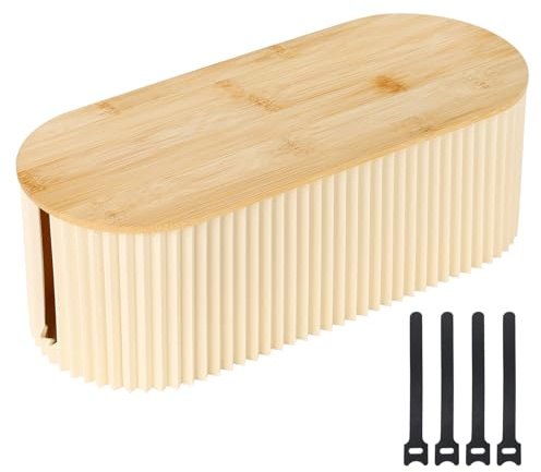 Nymblis Cable Management Box, Cable Tidy Box with Cable Ties, Cable Organised Box with Bamboo Lid, for Hiding Power Strips, Extension Lead, and Cable Storage(Beige)