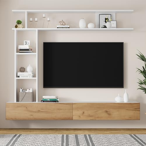 TIZZ Set parete soggiorno TV 180 x 35 x 22,5 cm con vetrine, parete media incl. mobile TV, scaffale da terra e mensola da parete, set mobili soggiorno, mobile TV, da terra e sospeso, TV fino a 80