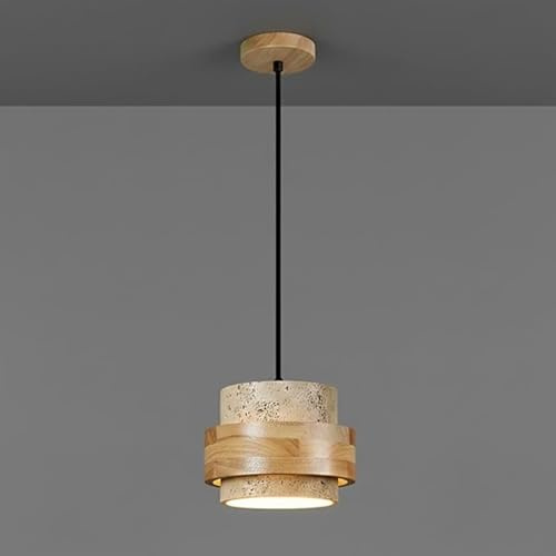 Lámpara colgante de travertino y madera maciza, lámpara colgante con capas de piedra natural, lámpara colgante minimalista de piedra nórdica para dormitorio, sala de estar y comedor, lámpara de techo