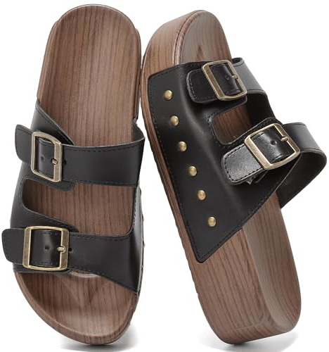 Sandales Femme Plateforme Mules Femme à Clous décoratifs Réglables à Double Boucle Confortable Semelle Épaisse Sandales Femme été Chaussons Antidérapants Piscine Plage Maison Sliders
