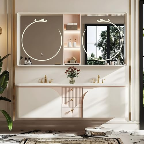 Juego de tocador de baño con lavabo doble y espejo LED, diseño flotante moderno con fregadero integrado y cajones grandes, armario de madera de roble
