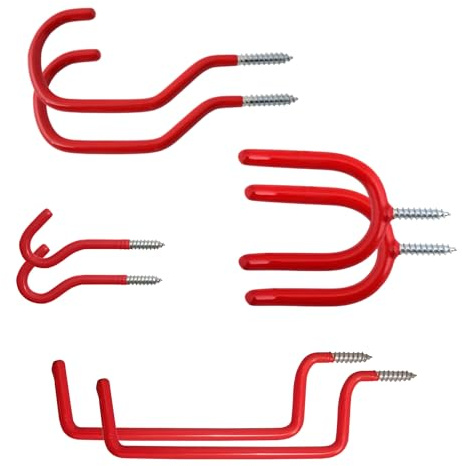 Keypak 8 Pack Screw-in Garage Storage Hooks, Ceiling & Wall Mount, Red Plastic Coated Holder for Garden Tools, Bike, Ladder, Foldable Chairs