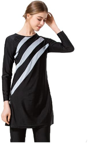 Grsafety 3 Pièces Musulman Maillot de Bain - Islamiques Burkini à Manches Longues Hijab Beachwear pour Femmes, Noir-Gris, 2XL