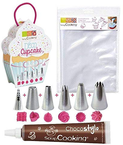 ScrapCooking 6 Nozzles + 6 Icing Bags for Cupcakes + Edible Chocolate Pen - Star, Fluted, Flower, Round, Russian, Korean Opening Shapes - Stainless Steel, Gray - Piping Tip Set