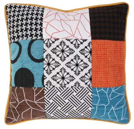 HOME DECO FACTORY, Coussin Patchwork Dehoussable 40 X 40 cm Decoration Textile, Blanc Noir Orange Turquoise Marron, Enveloppe déhoussable avec garnissage 100% Polyester