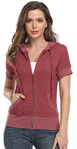 MISS MOLY kortärmad huvtröja för kvinnor, sweatjacka, huvtröja, sweatshirt med dragkedja, Röd-2, 48-50