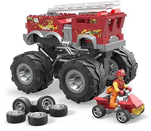 MEGA Hot Wheels Monster Truck Building Toy Playset, 5-Alarm Fire Truck with 284 Pieces and Giant Wheels, 1 Micro Action Figure, Red, Age 5+ Years, HHD19