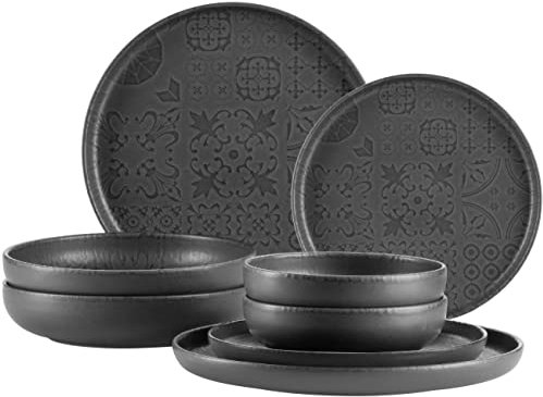 MÄSER 934064 Serie Tiles Modernes Vintage Geschirr Set für 2 Personen in maurischem Design mit Mattglasur, 8-teiliges Tafelservice mit Tellern und Schalen aus hochwertiger Keramik, Steinzeug, Schwarz
