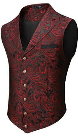COOFANDY Chaleco de traje para hombre, estampado floral, victoriano, gótico, steampunk, formal, chaleco de esmoquin con solapas con muescas, rojo vino, S