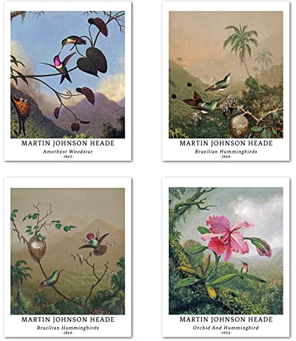 Konsttryck, utan ram, klassisk fågel, bilder i set om 4, affischstorlek: 20 x 25 cm, premium konstpapper, väggdekoration, estetiska blommor, retro, kolibri, matchande ungdomsrum, dekoration, Martin