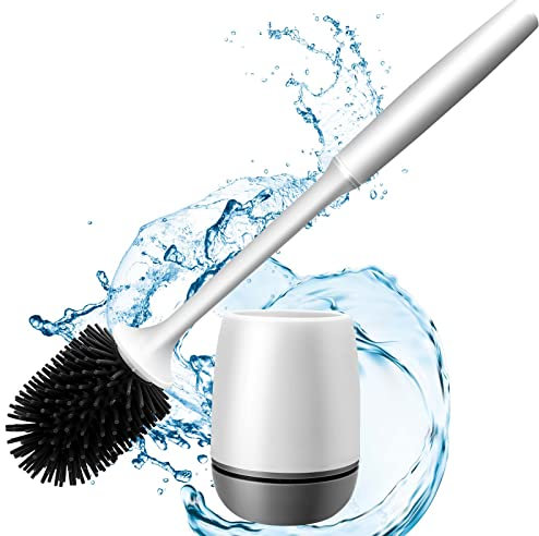 Escobilla de baño de silicona, escobilla de inodoro con soporte, juego de escobilla de silicona con soporte de secado rápido para baño, soporte para escobilla de baño para limpieza profunda