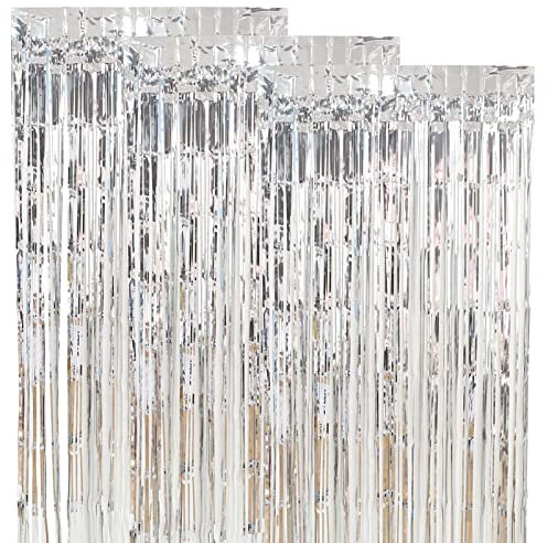 Fajoeda 3 Stück 100cm x 200cm Metallischer Lametta Vorhang Silber, Folie Lametta Vorhänge for Party Halloween Geburtstag Hochzeit Jubiläum Party Dekorationen