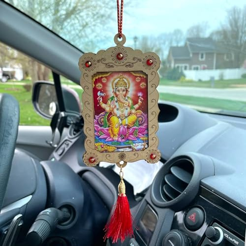 LOVENSPIRE Hindu Car Hanging Ornament Photo Frame Rear View Mirror Car Charm Interior Decoration Accessories Dashboard Decor Ganesha Krishna Hanuman Om Balaji Shiv (Pack of 1)