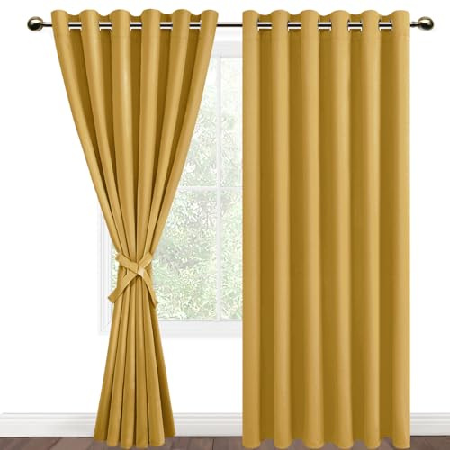 DWCN Blackout Curtains 90 x 90 Inch with Tiebacks for Bedroom Thermal Insulated Solid Eyelet Curtains for Living Room,2 Panels,90 Wide x 90 Drop Yellow