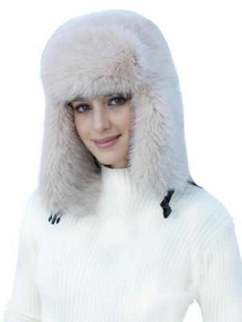 Lina & Lily Women's Winter Trapper Hat Long Pile Faux Fur Fluffy (Beige)