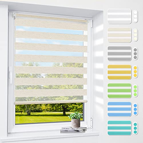 Doppelrollo klemmfix ohne Bohren & mit Bohren, 65x150cm (BxH) Stoffbreite 65 cm Natur, 3-in-1 Duo Rollo für Fenster & Tür, Fensterrollo innen lichtdurchlässig & verdunkelnd, Klemmrollo Rollos