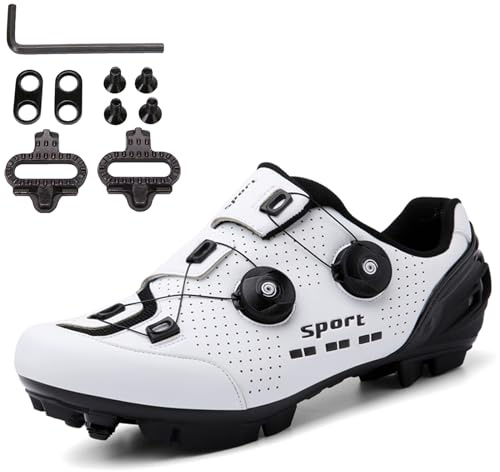 SDEQA Fahrradschuhe MTB Für Herren Damen, Fahrradschuhe Mountainbike Schuhe Kompatibel Mit SPD 2 Schrauben Mit Cleats, Unisex Radsportschuhe,Weiß,44 EU